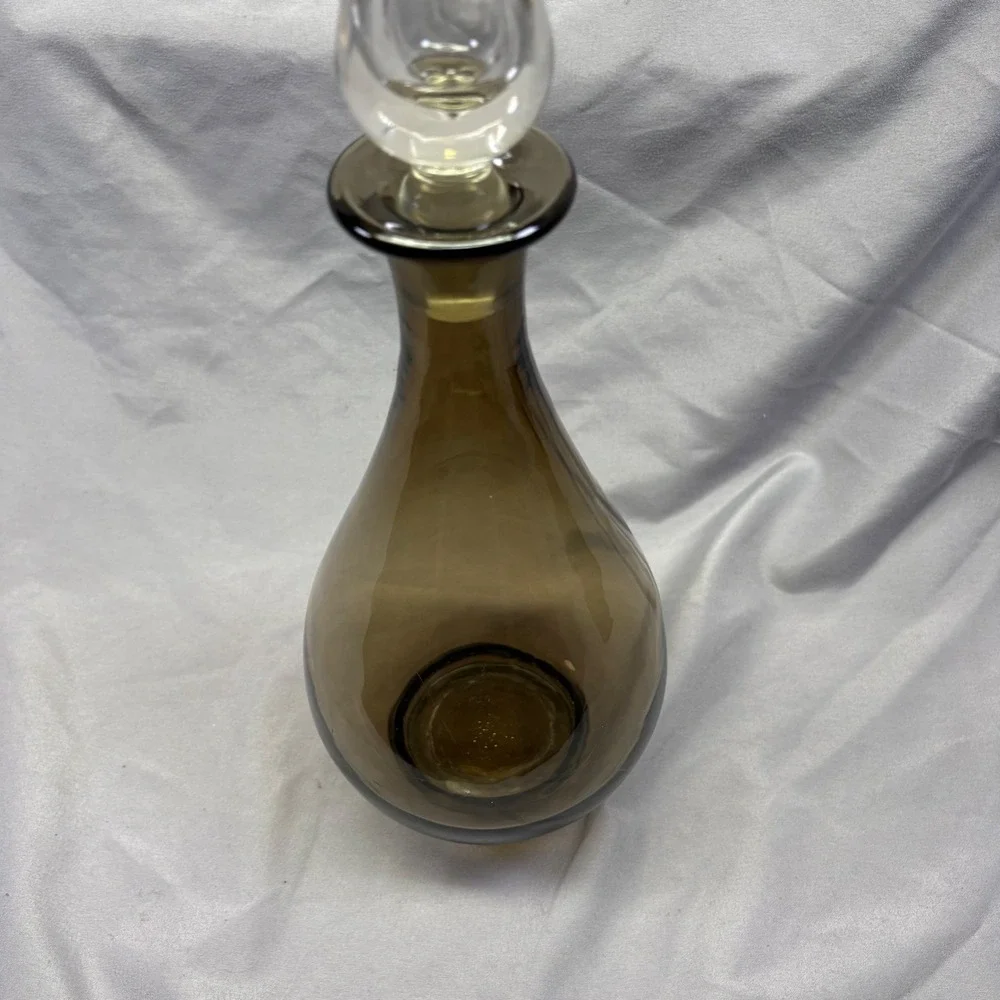 Vintage MCM Smoky Brown Glass Decanter with Clear Flame Stopper Teardrop‎ Bottle